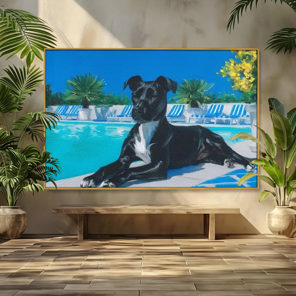 Tablou canvas cu tablou canvas cu caine negru la piscina, in rama de aluminiu auriu